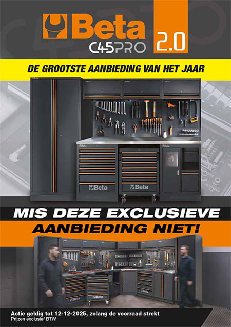 Reclame voor Beta C45PRO 2.0 opbergsystemen voor gereedschap, met georganiseerde kasten, laden en gereedschap in een werkplaatsomgeving, met vette Nederlandse tekst die de promoties van Beta Catalogus en een exclusieve aanbieding onder de aandacht brengt.