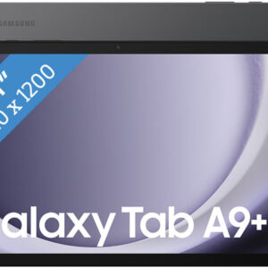 Ontdek alles over Betawinkel op onze homepage 52 Voor- en achteraanzicht van een Samsung Galaxy Tab A9+ tablet, met een 11-inch scherm met een resolutie van 1920x1200 aangegeven in een blauwe banner op het display. De camera aan de achterkant is zichtbaar op de achterkant.