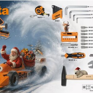 Ontdek alles over Betawinkel op onze homepage 70 De Kerstman rijdt in een oranje Beta raceauto door de sneeuw en houdt de Beta 9920CA/25 Adventskalender 2025 met 28 gereedschappen vast. Feestelijke decoraties, een rendierpassagier en verschillende Beta handgereedschappen en accessoires omringen het tafereel. Beperkte editie.
